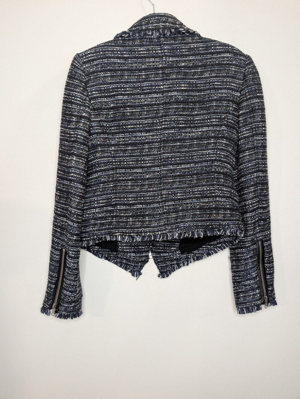 Free People Tweed Moto Jacket Blue Black Fringe Zip Cropped Jacket Small - Picture 6 of 6